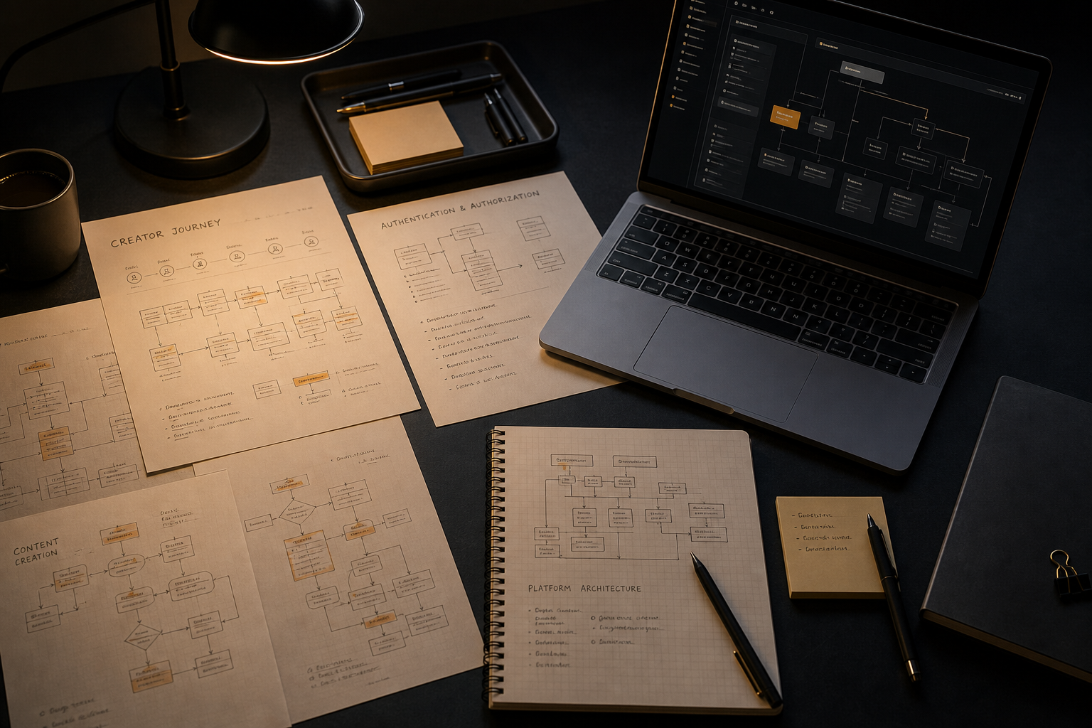 Editorial visualization of creator-platform architecture and authentication planning