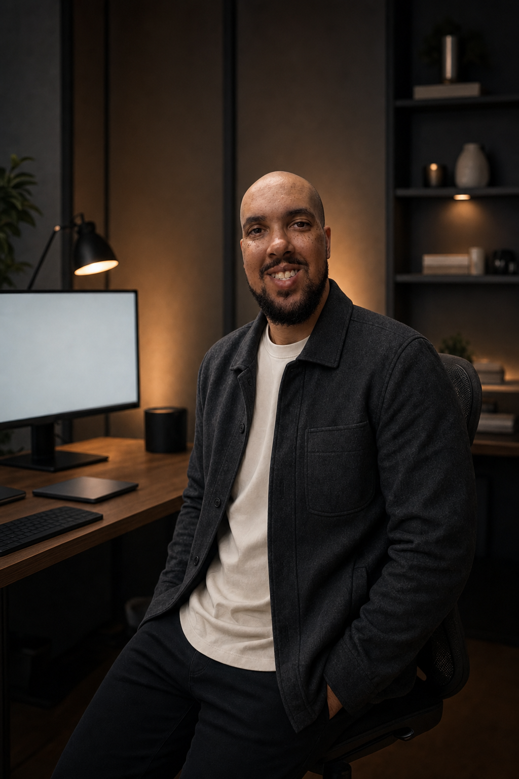 Devin Gray in a product studio workspace, representing founder-led strategy and delivery
